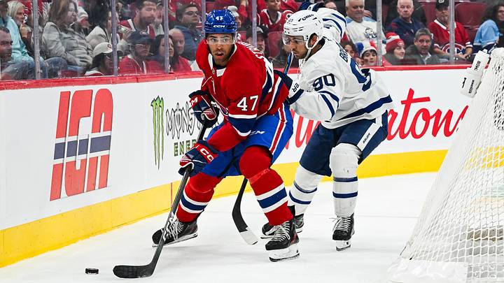 Sep 19, 2026; Montreal, Quebec, CAN; Montreal Canadiens defenseman Jayden Struble (47) defends the puck against Toronto Maple Leafs center Brendan Brisson (90) during the third period at Bell Centre. Mandatory Credit: David Kirouac-Imagn Images