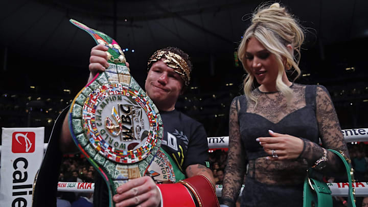 Canelo- Alvarez (MEX) Winner with wife Fernanda Gomez during the fight The King Coming Home for the Super Middleweight titles.