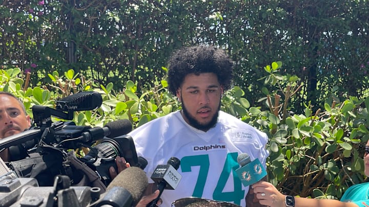 Miami Dolphins first-round pick Kadyn Proctor addresses the media after the first day of rookie minicamp