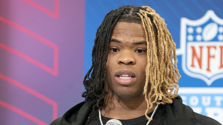 Feb 28, 2025; Indianapolis, IN, USA; Ohio State running back Quinshon Judkins (RB18) talks to the press during the 2025 NFL Combine at Indiana Convention Center. Mandatory Credit: Stephanie Amador Blondet-Imagn Images