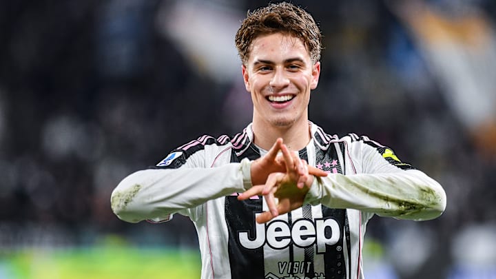 Kenan Yildiz of Juventus FC seen celebrating after scoring a...