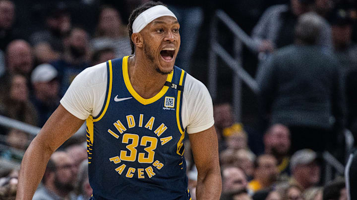 Mar 7, 2024; Indianapolis, Indiana, USA; Indiana Pacers center Myles Turner (33) reacts to a shot during the first half against the Minnesota Timberwolves at Gainbridge Fieldhouse. Mar 7, 2024; Indianapolis, Indiana, USA; Indiana Pacers center Myles Turner (33) reacts to a shot during the first half against the Minnesota Timberwolves at Gainbridge Fieldhouse.