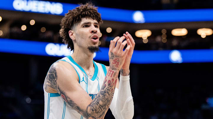 Mar 7, 2025; Charlotte, North Carolina, USA; Charlotte Hornets guard LaMelo Ball (1) reacts to a foul during the third quarter against the Cleveland Cavaliers at Spectrum Center. Mandatory Credit: Scott Kinser-Imagn Images