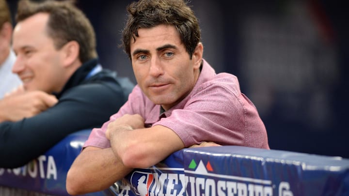 May 4, 2018; Monterrey, Nuevo Leon, Mexico; San Diego Padres general manager AJ Preller watches batting practice before the game against the Los Angeles Dodgers at Estadio de Beisbol Monterrey. 