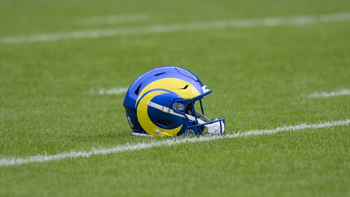 Nov 5, 2023; Green Bay, Wisconsin, USA; General view of an Los Angeles Rams helmet during warmups Nov 5, 2023; Green Bay, Wisconsin, USA; General view of an Los Angeles Rams helmet during warmups