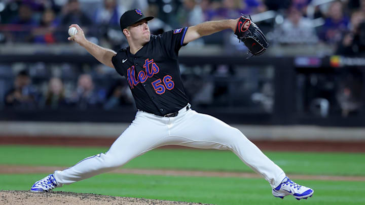 Sep 12, 2025; New York City, New York, USA; New York Mets relief pitcher Ryan Helsley (56) pitches against the Texas Rangers during the ninth inning at Citi Field. Mandatory Credit: Brad Penner-Imagn Images Sep 12, 2025; New York City, New York, USA; New York Mets relief pitcher Ryan Helsley (56) pitches against the Texas Rangers during the ninth inning at Citi Field. Mandatory Credit: Brad Penner-Imagn Images