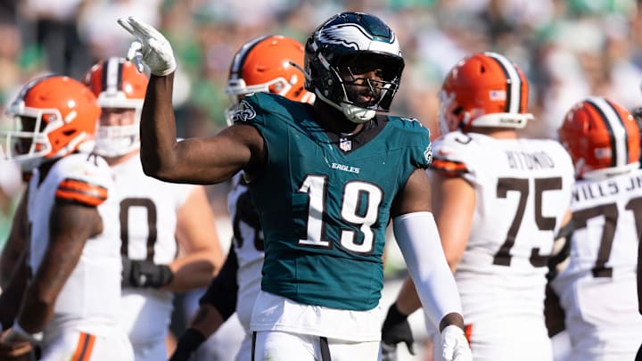 Oct 13, 2024; Philadelphia, Pennsylvania, USA; Philadelphia Eagles linebacker Josh Sweat (19) reacts after a sack during the third quarter against the Cleveland Browns at Lincoln Financial Field. Mandatory Credit: Bill Streicher-Imagn Images