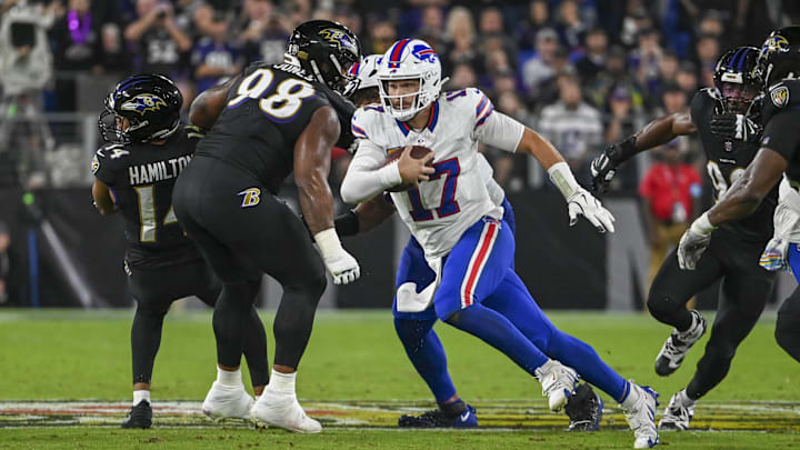 Sep 29, 2024; Baltimore, Maryland, USA; Buffalo Bills quarterback Josh Allen (17) rushes during the first half against the Baltimore Ravens  at M&T Bank Stadium. Mandatory Credit: Tommy Gilligan-Imagn Images