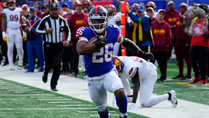 Oct 22, 2023; East Rutherford, New Jersey, USA; New York Giants running back Saquon Barkley (26) 