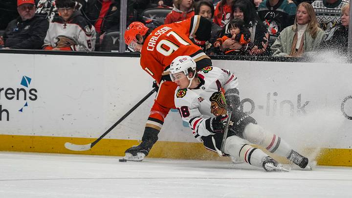 Dec 7, 2025; Anaheim, California, USA; Anaheim Ducks center Leo Carlsson (91) defends against Chicago Blackhawks center Connor Bedard (98) during the first period at Honda Center. Mandatory Credit: Corinne Votaw-Imagn Images Dec 7, 2025; Anaheim, California, USA; Anaheim Ducks center Leo Carlsson (91) defends against Chicago Blackhawks center Connor Bedard (98) during the first period at Honda Center. Mandatory Credit: Corinne Votaw-Imagn Images