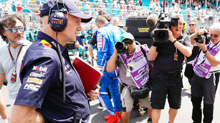May 4, 2024; Miami Gardens, Florida, USA; Red Bull pioneering engineer and Chief Technical officer Adrian Newey on the grid before the F1 Sprint Race at Miami International Autodrome. Mandatory Credit: John David Mercer-Imagn Images