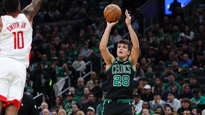 Nov 1, 2025; Boston, Massachusetts, USA; Boston Celtics forward Hugo Gonzalez (28) shoots during the first half against the Houston Rockets at TD Garden. Mandatory Credit: Paul Rutherford-Imagn Images