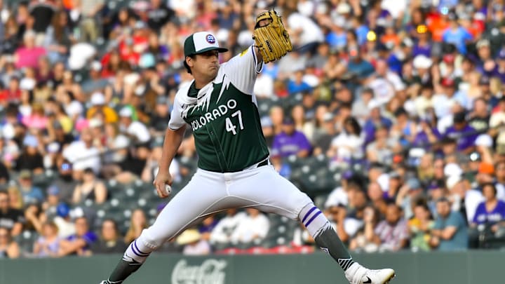 Jun 22, 2024; Denver, Colorado, USA; Colorado Rockies pitcher Cal Quantrill (47) delivers against the Washington Nationals in the first inning at Coors Field. Mandatory Credit: John Leyba-USA TODAY Sports