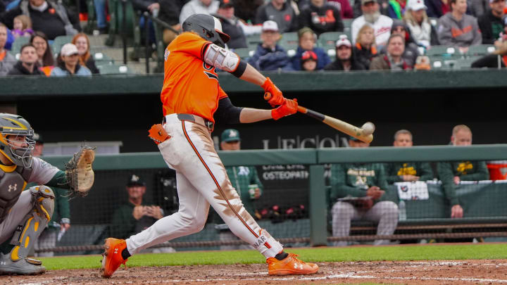 Apr 27, 2024; Baltimore, Maryland, USA; Baltimore Orioles shortstop Gunnar Henderson (2) hits a two Apr 27, 2024; Baltimore, Maryland, USA; Baltimore Orioles shortstop Gunnar Henderson (2) hits a two