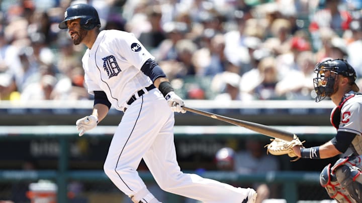 Jul 2, 2017; Detroit, MI, USA; Detroit Tigers right fielder J.D. Martinez (28) hits a double during the third inning against the Cleveland Indians at Comerica Park.