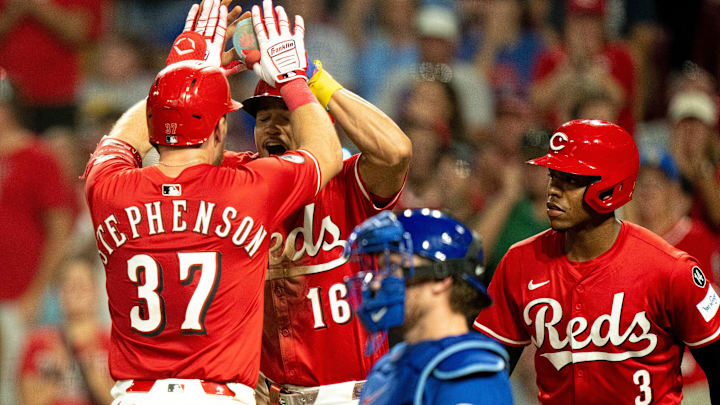 Cincinnati Reds catcher Tyler Stevenson (37) is greeted by Cincinnati Reds third baseman Noelvi Marte (16) after hitting a 2-run home run in the eighth inning between Cincinnati Reds and Chicago Cubs at Great American Ball Park in Cincinnati on Sept. 20, 2025.