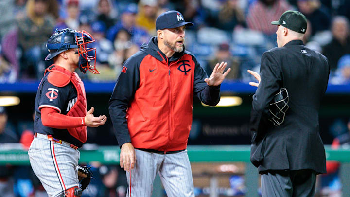 Minnesota Twins manager Rocco Baldelli argues with the home plate umpire after a call during the sixth inning against the Kansas City Royals at Kauffman Stadium in Kansas City, Mo., on April 7, 2025.