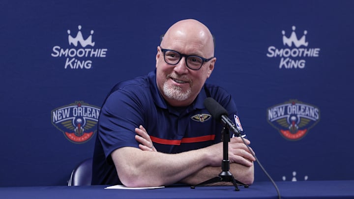 Sep 26, 2022; New Orleans, LA, USA;   New Orleans Pelicans vice president of basketball operations David Griffin during a press conference at the New Orleans Pelicans Media Day from the Smoothie King Center. Mandatory Credit: Stephen Lew-Imagn Images