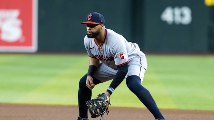 Aug 19, 2025; Phoenix, Arizona, USA; Cleveland Guardians first baseman Carlos Santana against the Arizona Diamondbacks at Chase Field. Mandatory Credit: Mark J. Rebilas-Imagn Images
