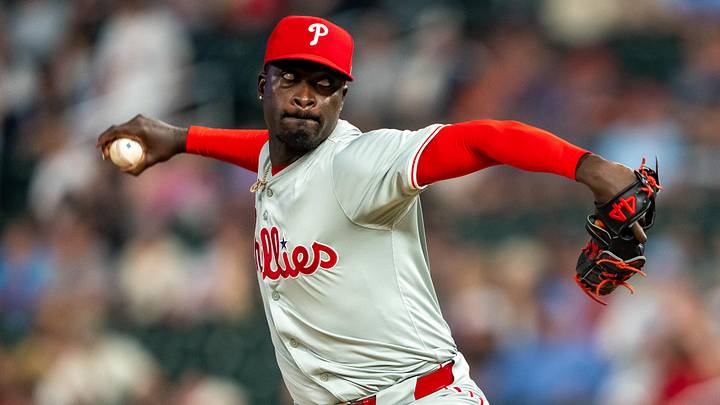 Jul 22, 2024; Minneapolis, Minnesota, USA; Philadelphia Phillies pitcher Yunior Marte (43) delivers a pitch against the Minnesota Twins in the eighth inning at Target Field. Mandatory Credit: Jesse Johnson-Imagn Images Jul 22, 2024; Minneapolis, Minnesota, USA; Philadelphia Phillies pitcher Yunior Marte (43) delivers a pitch against the Minnesota Twins in the eighth inning at Target Field. Mandatory Credit: Jesse Johnson-Imagn Images