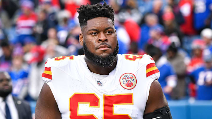 Nov 17, 2024; Orchard Park, New York, USA; Kansas City Chiefs guard Trey Smith (65) leaves the field after warm ups before a game against the Buffalo Bills at Highmark Stadium. Mandatory Credit: Mark Konezny-Imagn Images