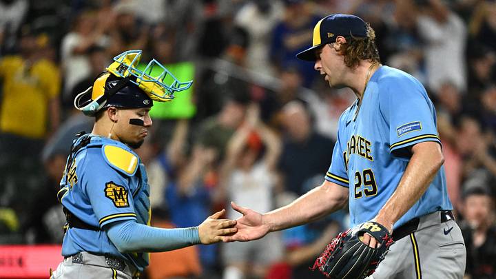 Sep 20, 2026; Baltimore, Maryland, USA; Milwaukee Brewers pitcher Trevor Megill (29) and catcher William Contreras (24) celebrate the win against the Baltimore Orioles at Oriole Park at Camden Yards. Mandatory Credit: James A. Pittman-Imagn Images Sep 20, 2026; Baltimore, Maryland, USA; Milwaukee Brewers pitcher Trevor Megill (29) and catcher William Contreras (24) celebrate the win against the Baltimore Orioles at Oriole Park at Camden Yards. Mandatory Credit: James A. Pittman-Imagn Images
