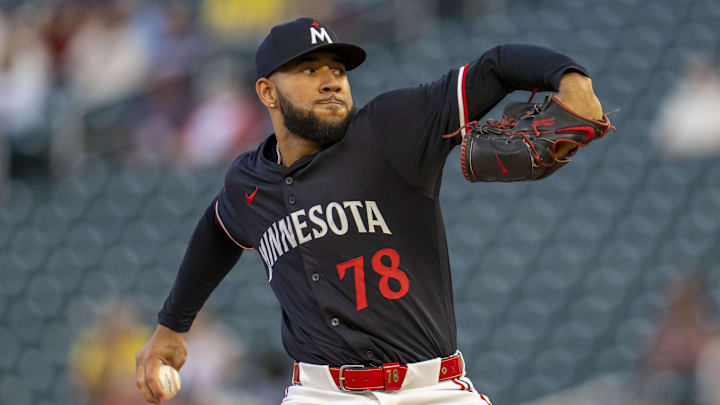 Sep 25, 2024; Minneapolis, Minnesota, USA; Minnesota Twins starting pitcher Simeon Woods Richardson (78) delivers a pitch against the Miami Marlins in the first inning at Target Field.