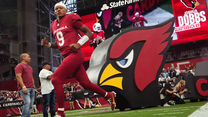 Arizona Cardinals quarterback Joshua Dobbs is introduced before their game against the Dallas Cowboys. Arizona Cardinals quarterback Joshua Dobbs is introduced before their game against the Dallas Cowboys.