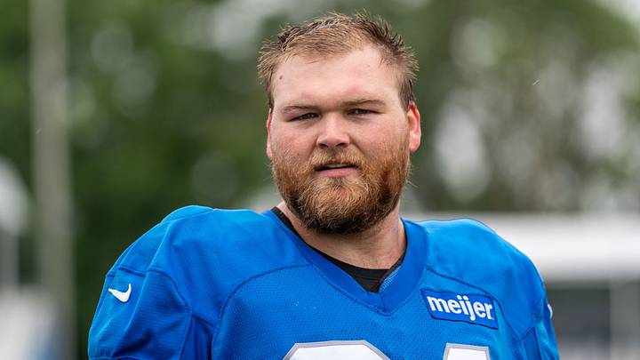 Aug 2, 2026; Allen Park, MI, USA; Detroit Lions center Cade Mays (64) looks on during Detroit Lions training camp at Meijer Performance Center. Mandatory Credit: Paul Barnick-Imagn Images