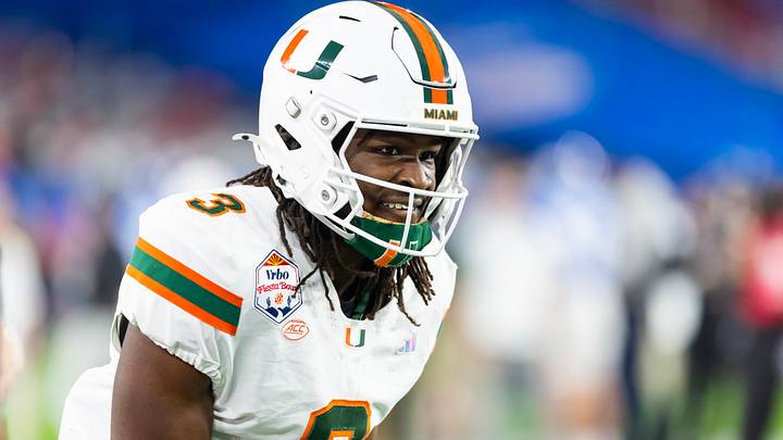 Jan 8, 2026; Glendale, AZ, USA; Miami Hurricanes wide receiver Joshua Moore (3) against the Mississippi Rebels during the 2026 Fiesta Bowl and semifinal game of the College Football Playoff at State Farm Stadium. Mandatory Credit: Mark J. Rebilas-Imagn Images Jan 8, 2026; Glendale, AZ, USA; Miami Hurricanes wide receiver Joshua Moore (3) against the Mississippi Rebels during the 2026 Fiesta Bowl and semifinal game of the College Football Playoff at State Farm Stadium. Mandatory Credit: Mark J. Rebilas-Imagn Images