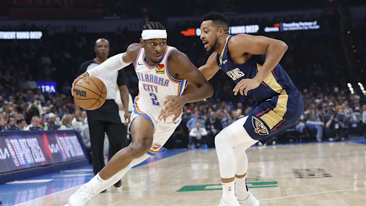Nov 1, 2023; Oklahoma City, Oklahoma, USA; Oklahoma City Thunder guard Shai Gilgeous-Alexander (2) Nov 1, 2023; Oklahoma City, Oklahoma, USA; Oklahoma City Thunder guard Shai Gilgeous-Alexander (2)