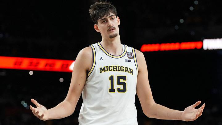 Apr 6, 2026; Indianapolis, IN, USA; Michigan Wolverines center Aday Mara (15) reacts after a play against the UConn Huskies during the first half in the national championship of the Final Four of the men's 2026 NCAA Tournament between the and the Michigan Wolverines at Lucas Oil Stadium. Mandatory Credit: Bob Donnan-Imagn Images Apr 6, 2026; Indianapolis, IN, USA; Michigan Wolverines center Aday Mara (15) reacts after a play against the UConn Huskies during the first half in the national championship of the Final Four of the men's 2026 NCAA Tournament between the and the Michigan Wolverines at Lucas Oil Stadium. Mandatory Credit: Bob Donnan-Imagn Images