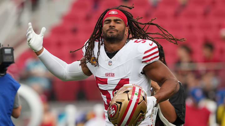 Sep 28, 2025; Santa Clara, California, USA; San Francisco 49ers middle linebacker Fred Warner (54) before the game against the Jacksonville Jaguars at Levi's Stadium. Mandatory Credit: Darren Yamashita-Imagn Images