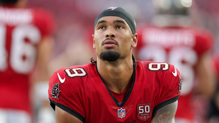 Tampa Bay Buccaneers wide receiver Emeka Egbuka (9) looks on before a preseason game against the Tennessee Titans at Raymond James Stadium. Tampa Bay Buccaneers wide receiver Emeka Egbuka (9) looks on before a preseason game against the Tennessee Titans at Raymond James Stadium.