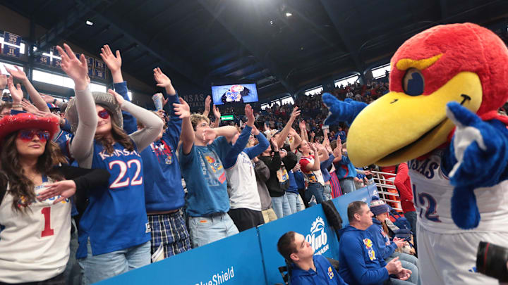 Kansas Jayhawks mascot Baby Jay gets the crowd hyped before the game against BYU Cougars inside Allen Fieldhouse on Jan. 31, 2026