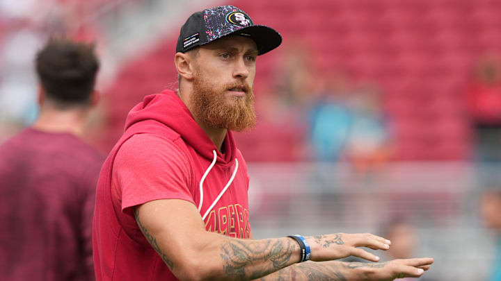 Sep 28, 2025; Santa Clara, California, USA; San Francisco 49ers tight end George Kittle before the game against the Jacksonville Jaguars at Levi's Stadium. Sep 28, 2025; Santa Clara, California, USA; San Francisco 49ers tight end George Kittle before the game against the Jacksonville Jaguars at Levi's Stadium.
