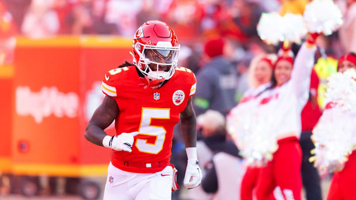 Jan 26, 2025; Kansas City, MO, USA; Kansas City Chiefs wide receiver Hollywood Brown (5) against the Buffalo Bills in the AFC Championship game at GEHA Field at Arrowhead Stadium. Mandatory Credit: Mark J. Rebilas-Imagn Images