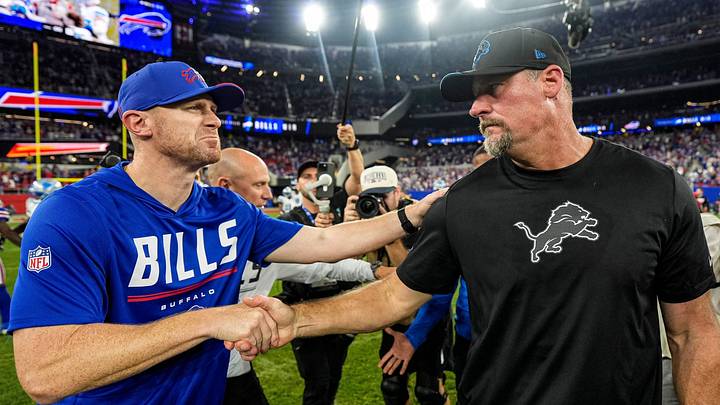 Detroit Lions head coach Dan Campbell, right, shakes hands with Buffalo Bills head coach Joe Brady after 41-31 loss at Highmark Stadium in Orchard Park, NY, on Thursday, Sept. 17, 2026.