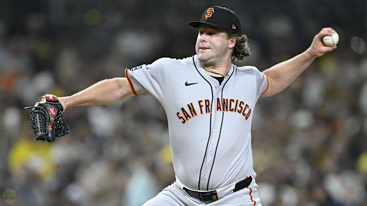 Apr 29, 2025; San Diego, California, USA; San Francisco Giants relief pitcher Erik Miller (68) delivers during the sixth inning against the San Diego Padres at Petco Park. Mandatory Credit: Denis Poroy-Imagn Images