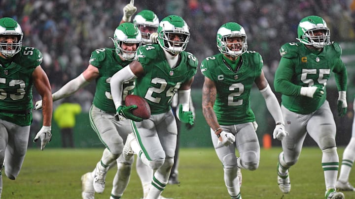 Nov 26, 2023; Philadelphia, Pennsylvania, USA; Philadelphia Eagles cornerback James Bradberry (24) celebrates his interception during the fourth quarter against the Buffalo Bills at Lincoln Financial Field. Mandatory Credit: Eric Hartline-Imagn Images