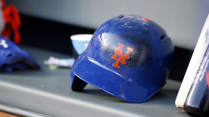 May 2, 2017; Atlanta, GA, USA; General view of New York Mets helmet in the dugout before a game against the Atlanta Braves at SunTrust Park. Mandatory Credit: Brett Davis-Imagn Images
