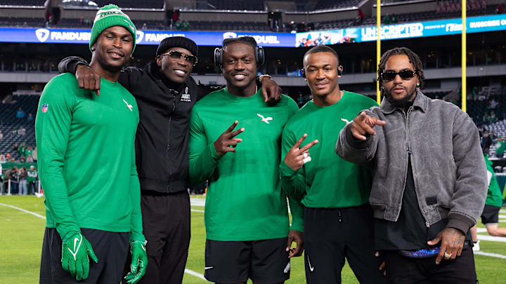 Oct 22, 2023; Philadelphia, Pennsylvania, USA; From left to right Philadelphia Eagles wide receiver Julio Jones, former player Chad Johnson, Eagles A.J. Brown and DeVonta Smith and former player DeSean Jackson pose for a photo before a game against the Miami Dolphins at Lincoln Financial Field. 
