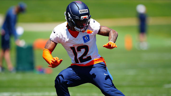 May 10, 2025; Englewood, CO, USA; Denver Broncos cornerback Jahdae Barron (12) during rookie minicamp at Broncos Park Powered by CommonSpirit.