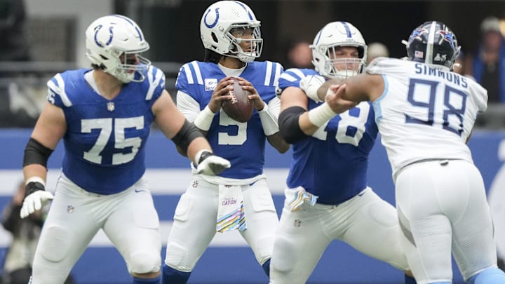 Oct 8, 2023; Indianapolis, Indiana, USA; Indianapolis Colts quarterback Anthony Richardson (5) draws back to pass during a game against the Tennessee Titans at Lucas Oil Stadium. Mandatory Credit: Bob Scheer-Imagn Images Oct 8, 2023; Indianapolis, Indiana, USA; Indianapolis Colts quarterback Anthony Richardson (5) draws back to pass during a game against the Tennessee Titans at Lucas Oil Stadium. Mandatory Credit: Bob Scheer-Imagn Images
