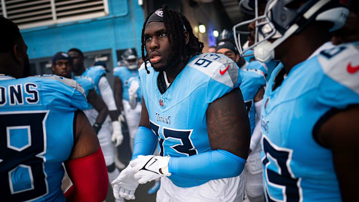 Tennessee Titans defensive tackle T'Vondre Sweat (93) heads to the field before a game against the Green Bay Packers at Nissan Stadium in Nashville, Tenn., Sunday, Sept. 22, 2024. Tennessee Titans defensive tackle T'Vondre Sweat (93) heads to the field before a game against the Green Bay Packers at Nissan Stadium in Nashville, Tenn., Sunday, Sept. 22, 2024.