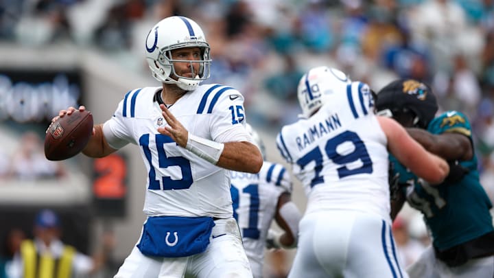 Indianapolis Colts quarterback Joe Flacco attempts a pass against the Jacksonville Jaguars.
