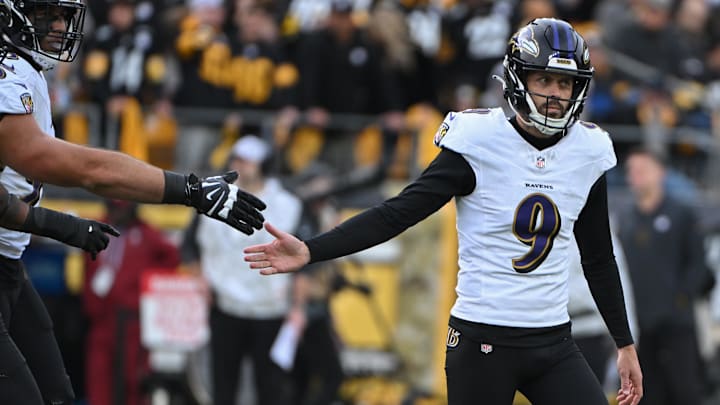 Nov 17, 2024; Pittsburgh, Pennsylvania, USA; Baltimore Ravens place kicker Justin Tucker (9) celebrates a 54 yard filed goal against the Pittsburgh Steelers during the third quarter at Acrisure Stadium. Mandatory Credit: Barry Reeger-Imagn Images Nov 17, 2024; Pittsburgh, Pennsylvania, USA; Baltimore Ravens place kicker Justin Tucker (9) celebrates a 54 yard filed goal against the Pittsburgh Steelers during the third quarter at Acrisure Stadium. Mandatory Credit: Barry Reeger-Imagn Images