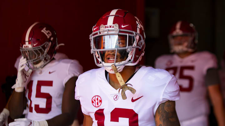 Sep 18, 2021; Gainesville, Florida, USA; Alabama Crimson Tide defensive back Malachi Moore (13) against the Florida Gators at Ben Hill Griffin Stadium. Mandatory Credit: Mark J. Rebilas-Imagn Images