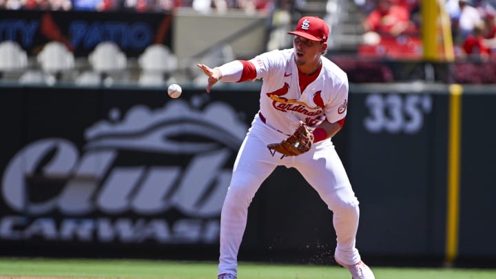 Jun 13, 2024; St. Louis, Missouri, USA; St. Louis Cardinals second baseman Nolan Gorman (16) flips to second base during the second inning against the Pittsburgh Pirates at Busch Stadium. Mandatory Credit: Jeff Curry-USA TODAY Sports Jun 13, 2024; St. Louis, Missouri, USA; St. Louis Cardinals second baseman Nolan Gorman (16) flips to second base during the second inning against the Pittsburgh Pirates at Busch Stadium. Mandatory Credit: Jeff Curry-USA TODAY Sports