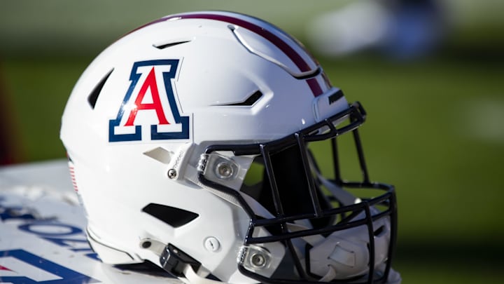 Nov 27, 2021; Tempe, Arizona, USA; Detailed view of an Arizona Wildcats helmet during the Territorial Cup at Sun Devil Stadium. Mandatory Credit: Mark J. Rebilas-Imagn Images
